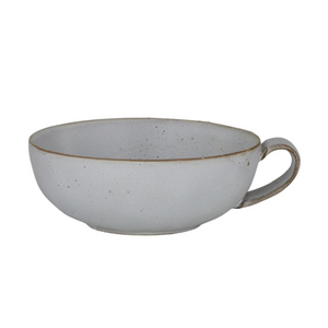 A speckled ceramic cup with a light gray body, brown speckles, and a thin brown rim, featuring a curved handle on a plain white background.