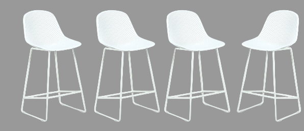 Four white bar stools with metal legs on a white background
