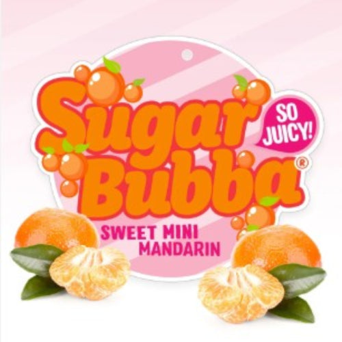 Sugar Bubba Sweet Mini Mandarin candy packaging with mandarin oranges and leaves on a pink background
