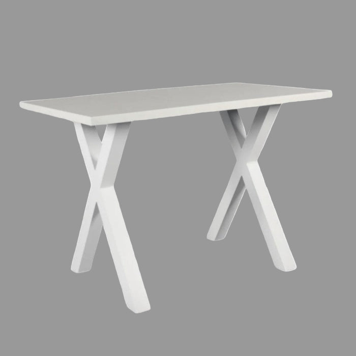 White table with X-shaped legs on a white background
