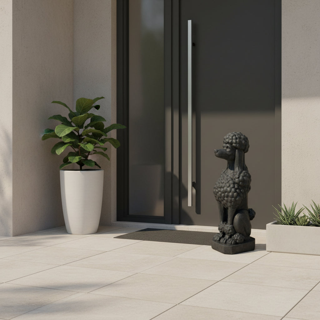 A dark gray cast stone poodle garden statue, shown from a three-quarters profile view against a plain white background.