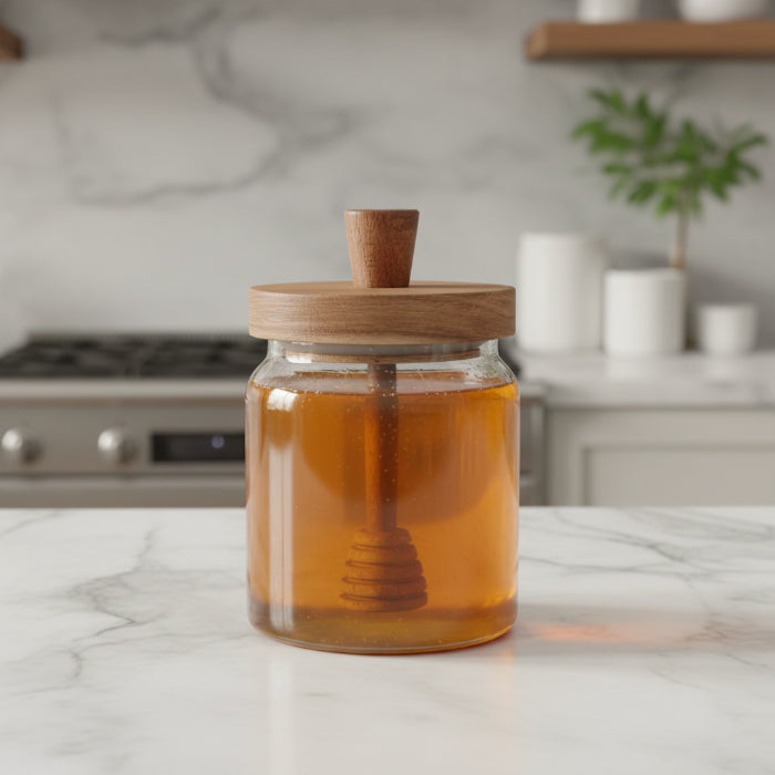 A clear glass jar with a round wooden lid and a wooden honey dipper inside, shown on a plain white background.