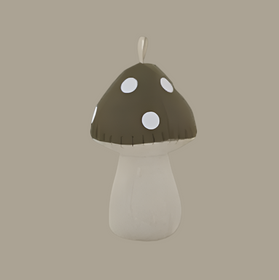 Mushroom-shaped plush toy with a brown cap and white spots on a white background