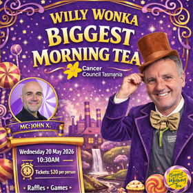Promotional poster for Willy Wonka's Biggest Morning Tea event with a man in a purple suit and top hat.