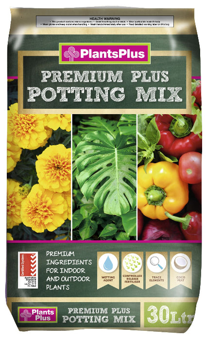 Bag of Plants Plus Premium Potting Mix with images of various colorful plants and the text highlighting the product's use for indoor and outdoor plants.