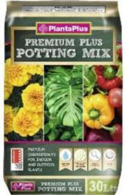 A bag of Plants Plus Premium Potting Mix, showing various plants and the product's details on a green and yellow label.