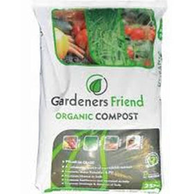 A 25-liter bag of 'Gardener's Friend' organic compost, predominantly white and green in color with images of vegetables and the brand logo.