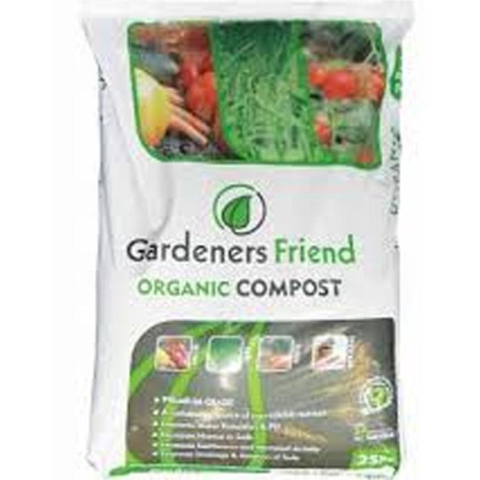 A 25-liter bag of 'Gardener's Friend' organic compost, predominantly white and green in color with images of vegetables and the brand logo.